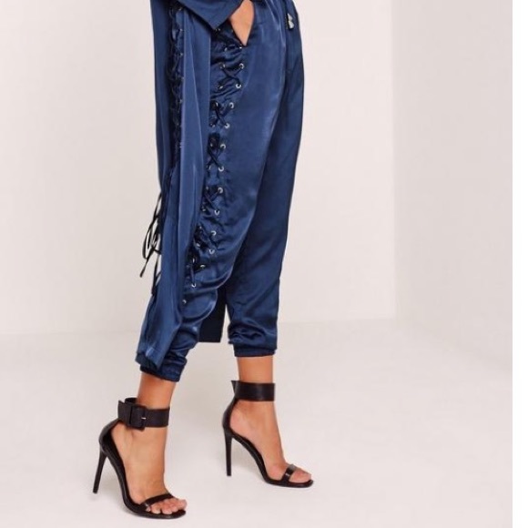 Missguided Deep Navy lace up duster & jogger pants - Picture 2 of 2